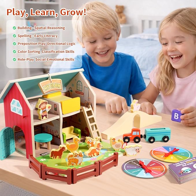 INIFEIDALA Montessori Farm Dollhouse for Toddlers 3-5 | Wooden Farm Animals Playset, Storytelling, Pretend Play, Language Development