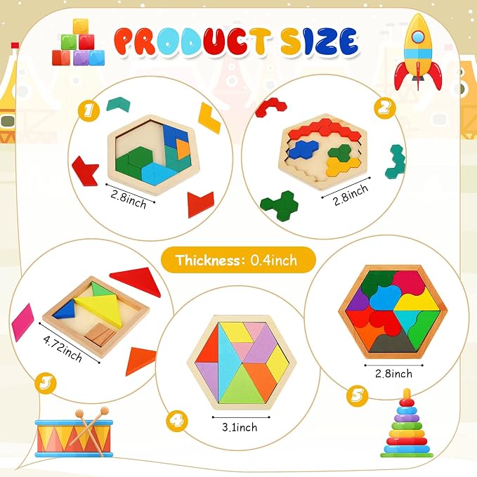 Jerify 5 Pack Wooden Tangram Puzzle for Kids, Brain Teaser Puzzles | Wooden Hexagon Puzzle Block Teaser, Pattern Blocks, Tangram Puzzle, Geometric Shapes Tangram Games, Boys Girls Toddler 1-3