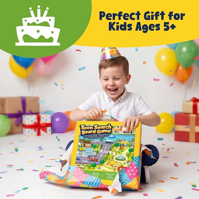 Town Search Board Games, Family Games for Kids Ages 5 6 7 8-12, 2-4 Players, Educational Board Game for Boys Girls 5+, Back to School Gifts for Classroom & Family Nights & Parties
