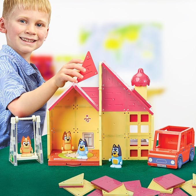 Tile Town Bluey Heeler Family Home Magnetic Tile Set, 52 Pieces | Includes Bluey & Bingo figures, action tiles, 1 vehicle; STEM building toy for kids ages 3+