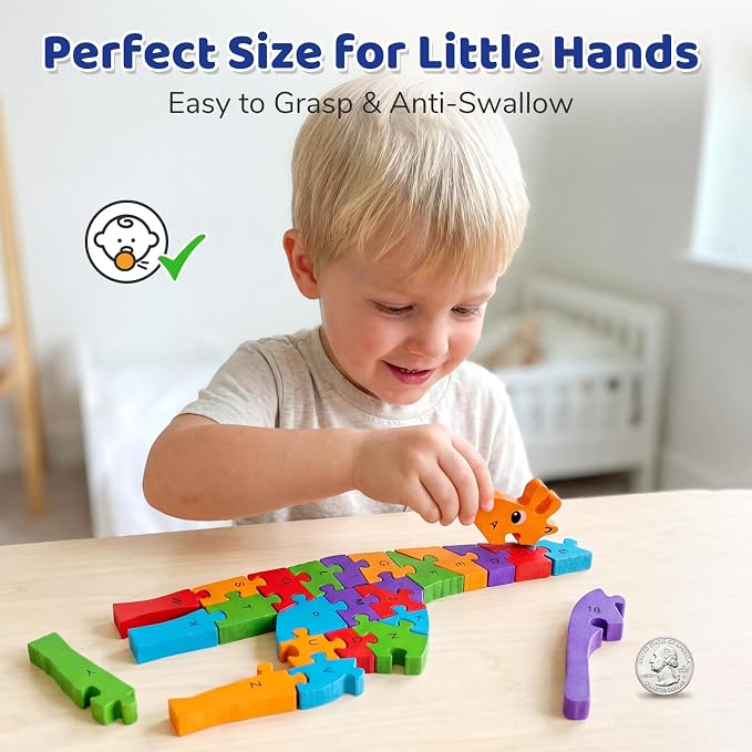 LovesTown Puzzle for Kids, Wooden, 3D Giraffe Shape | for Ages 3-5, Double-Sided, Alphabet Recognition, Number Counting, Homeschool Fun, Quiet Play, Montessori Educational Gifts