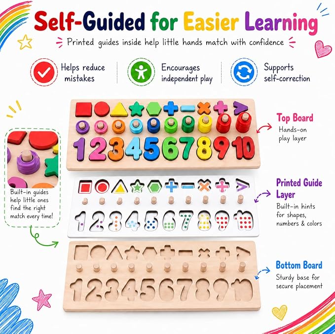 GeroCrew Wooden Montessori Toys for Kids Toddler Number Puzzles Sorter Counting Shape Stacker Stacking Game Preschool Toys for Boy Girl Learning Education Math Blocks Year Old Girl Gifts (Rainbow)