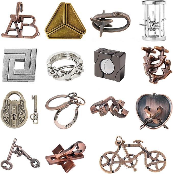 RoseFlower 15 pcs IQ Test Puzzle Brain Teaser Metal Wire Puzzles Mind Game Educational Toys Disentanglement Unlock Interlock Game Magics Trick Toy for Party Favor Kids Adults Challenge Interlock Games