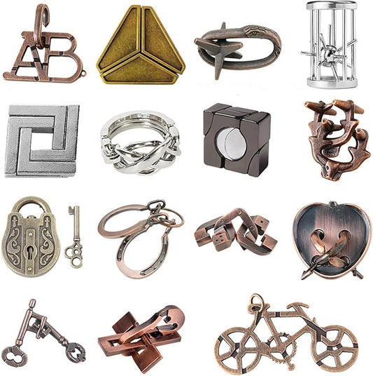 RoseFlower 15 pcs IQ Test Puzzle Brain Teaser Metal Wire Puzzles Mind Game Educational Toys Disentanglement Unlock Interlock Game Magics Trick Toy for Party Favor Kids Adults Challenge Interlock Games