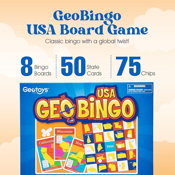 USA Bingo for Kids Ages 4 and Up, Geography Game for Home, School or Camp | Fun Kids Educational Game & Learning Resources, Bingo Games for Family, Kids Geography Toy, States and Capitals Game for Kids