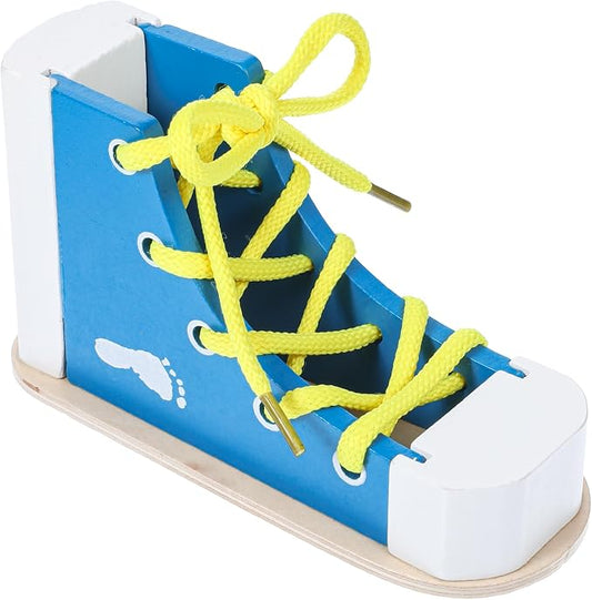 Learn to Tie Shoes for Kids Wooden Lacing Sneaker, Blue | Educational Toy, Safe & Reusable, Wooden Shoe Tying Practice Kit, Wood Lacing Sneaker Toy, for Tie-Up Shoe Practice