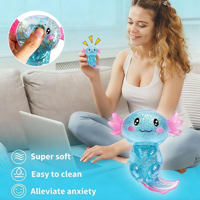 2 Pcs Axolotl Squishy Stress Relief Toy, Stretchy Axolotls Stress Soft Squeeze Sensory Fidget Toys for Kids Adults, Cute Axolotls Squishies Party Favors Classroom (BluePink)