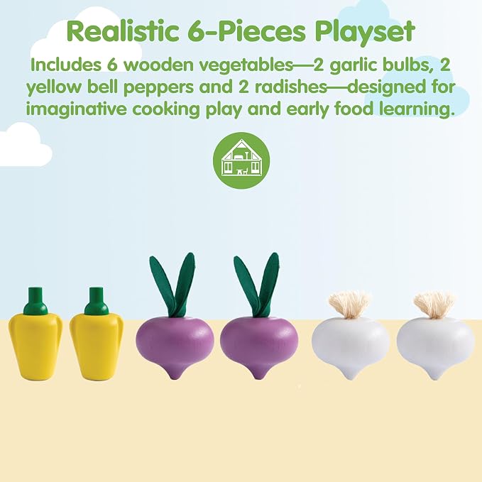 PlanToys® Wooden Fresh Produce Radishes, Garlic & Bell Peppers Kids Set | slicing, knife, fruits and vegetables toys, pretend food, girls, boys, fine motor role play imaginative social gift set fun