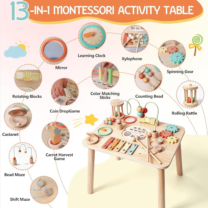 Montessori Toys for 1 Year Old, Wooden Activity Table for Toddlers 1-3, 13-in-1 Sensory Play Table with Bead Maze, Fishing Game, Shape Sorter & Xylophone, Learning Toy, First Birthday Gift