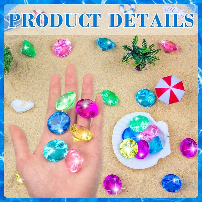 70pcs Pool Games for Kids, 30mm Acrylic Diving Gems Pirate Treasures | Swimming Pool Toys Favors and Sensory Bin Filler,Mermaid Party Favors