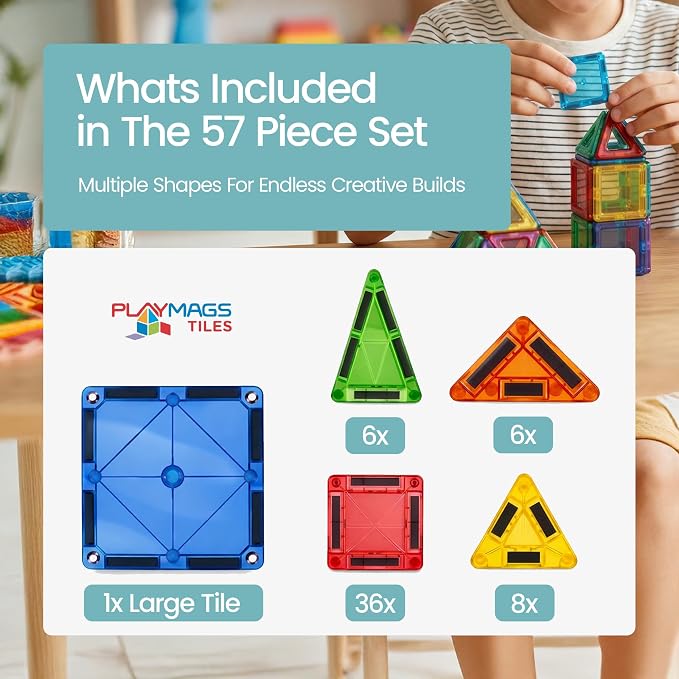 Playmags Mini Magnetic Tiles for Kids 57-Piece Set | Travel Magnetic Blocks | STEM Sensory Educational Toys | Portable Toddler Building Toys | Gift for Boys & Girls Ages 3