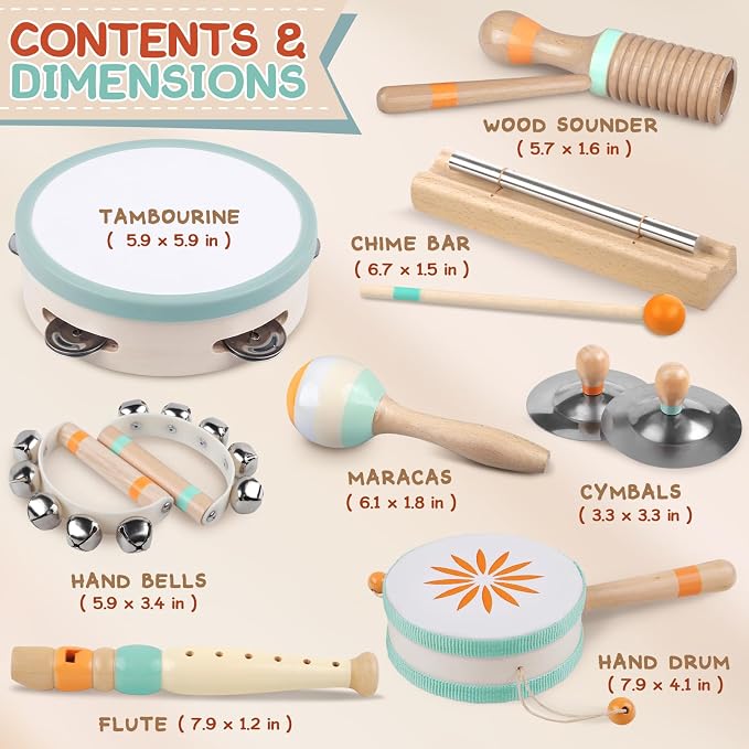 Baby Musical Instruments - Montessori Wooden Musical Toys for Toddlers Kids | Tambourine Percussion Instruments Set, Preschool Music Learning Sensory Toys, Educational Birthday Gifts for Boys Girls