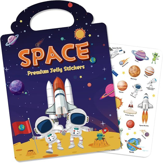 Reusable Sticker Book for Toddlers 3-6, Jelly Stickers for Kids, Sticker Activity Book Travel Toys for Car & Airplane, Educational Learning Gifts for Boys and Girls (Space Theme)