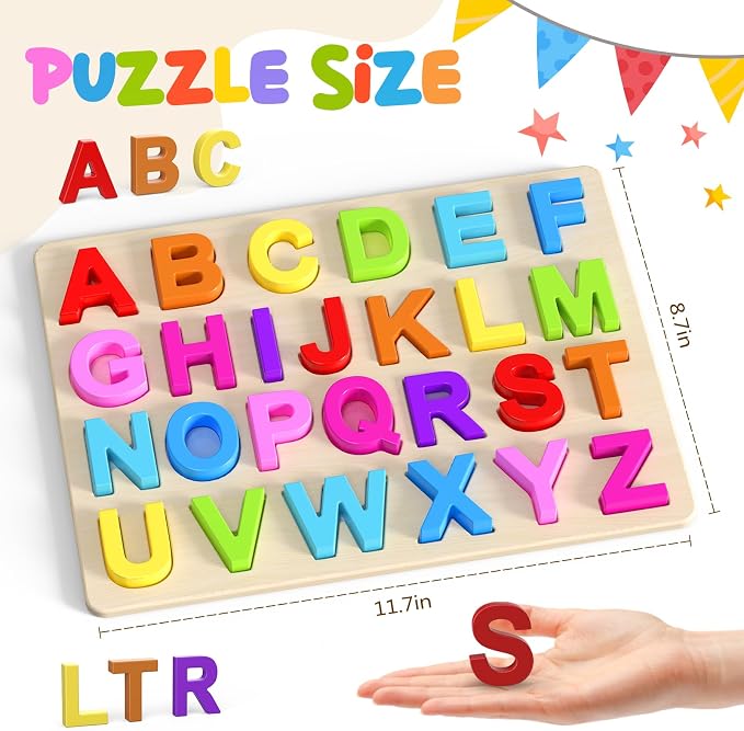 Zeoddler Alphabet Puzzles, Wooden Puzzles for Toddlers, ABC Shape Puzzles for Kids, Preschool Learning Activities, Gift for Girls Boys
