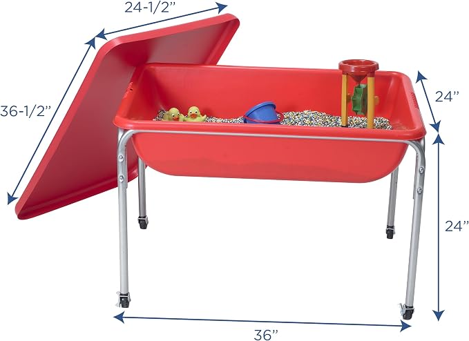 Children's Factory Water Table and Lid Set, Red Sensory Table for Kids, 24" | Sandbox with Locking Casters for Indoor or Outdoor Use, Rust-Resistant Sensory Bin for Classrooms, Preschools, and Daycares