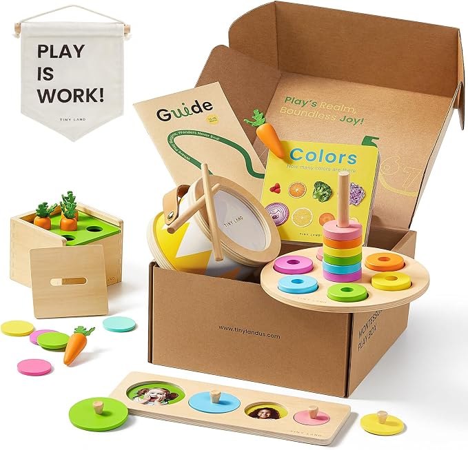 Tiny Land Montessori Baby Toy Set 13-15 Months 7 in 1 Explorer Play Kit | Baby drum, carrot harvesting, coin boxes, stacking plate, color matching, size puzzle, color board book, fine motor play gift