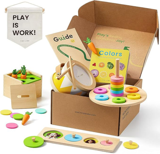 Tiny Land Montessori Baby Toy Set 13-15 Months 7 in 1 Explorer Play Kit | Baby drum, carrot harvesting, coin boxes, stacking plate, color matching, size puzzle, color board book, fine motor play gift