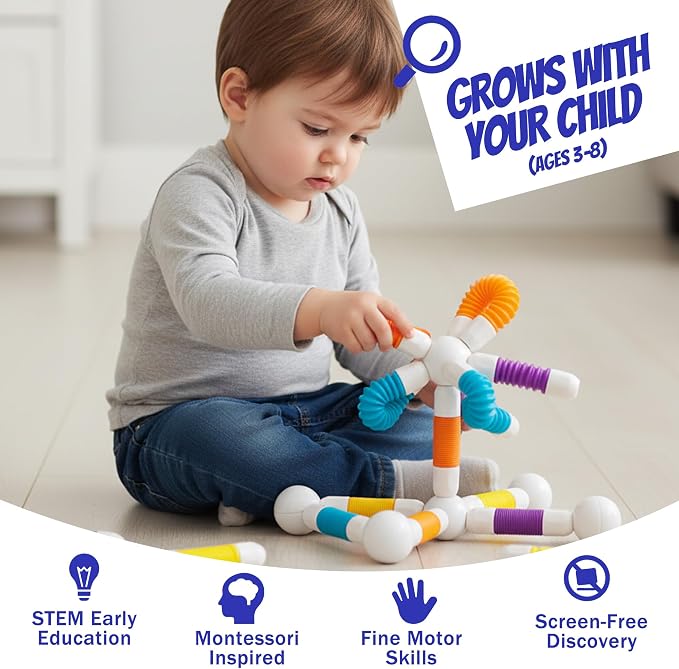 Magnetic Building Sticks for Toddlers 1-3, Flexible STEM Construction Toy | Montessori-Inspired Sensory Play, Soft Flexible Magnets, Creative Building Kit for Boys and Girls Ages 3-6