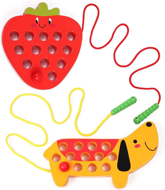 Wooden Lacing Threading Toys Fine Motor Skill Toys for 3 Year Old | Educational and Learning Montessori Toddler Travel Toy 1 Strawberry and 1 Dog