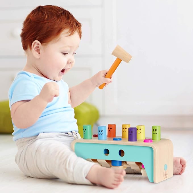 Battat Wooden Pounding Bench Toy with Mallet, Pound & Count Bench | Wooden pounding bench with 10 colorful pegs and 1 mallet for numbers, colors, and emotions; side mallet storage; 1+ Years