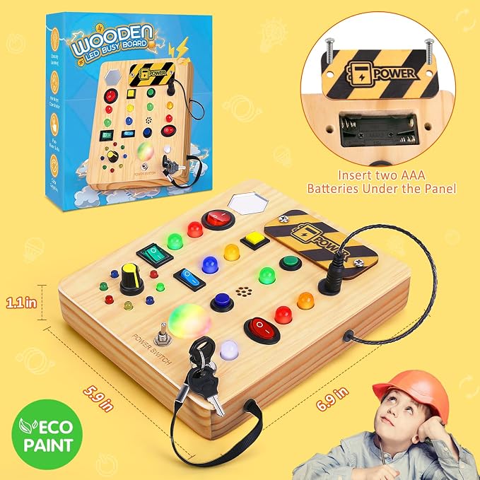 TINTECUSA Busy Board with LED Light, Wooden Sensory Toys for Toddler, Montessori Music Toy for Airplane, Travel Activity Educational Learning Autism Toys, Birthday Boys Girls Gifts