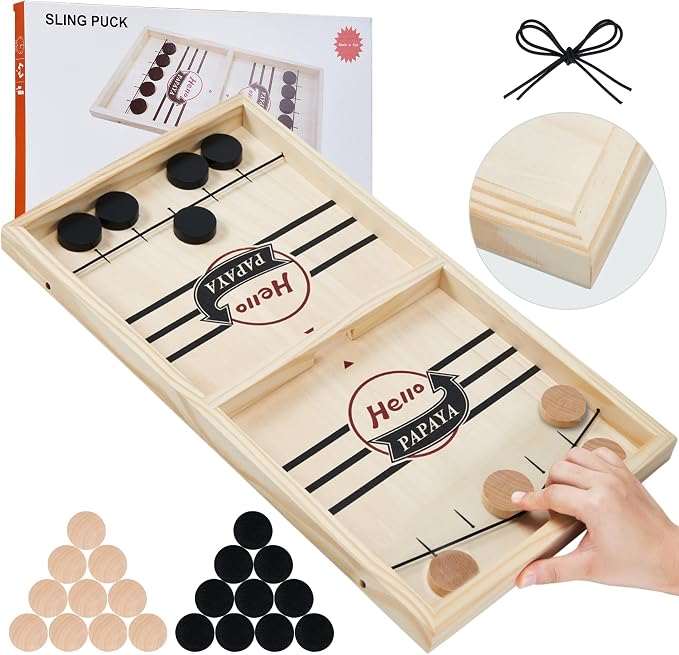 HELLO PAPAYA Fast Sling Puck Game - Test Your Speed and Accuracy with This Fast-Paced Wooden Air Hockey Desktop Battle Board Game - Guaranteed Fun Gifts for Family Night or Friends Party