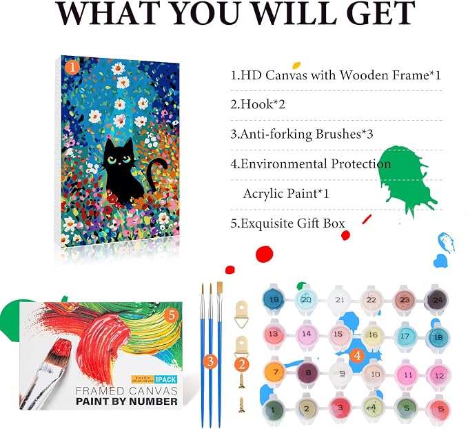 Framed Paint by Numbers Kit for Adults Beginner 8x12 IN, Flowers Cat | Cat Lovers Paint by Numbers with frame, For Adults & Kids Ages 8-12, DIY Acrylic Painting, Stress Relief Home Wall Decor Gift