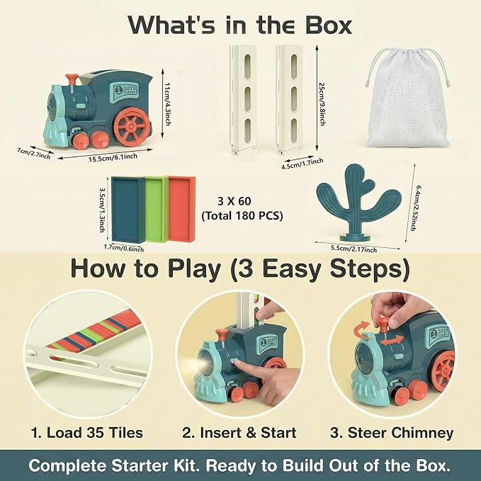 PREPHY Domino Train Toys Kids Games - Automatic Stacking Creative Game 3+ Year Old - Stem Montessori Toy for Boys 4-6 - Summer Autistic Christmas Birthday Gifts 5 6 Kids Ages 4-8