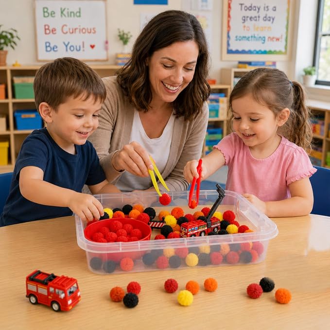 Cinrobiye 138Pcs Firefighter Sensory Bin Fillers Set, Fire Truck Rescue Theme Kit with Fire Station, Rescue Vehicle, Traffic Barrier, Storage Box for Scene Setup, Classroom Activities Creative Project