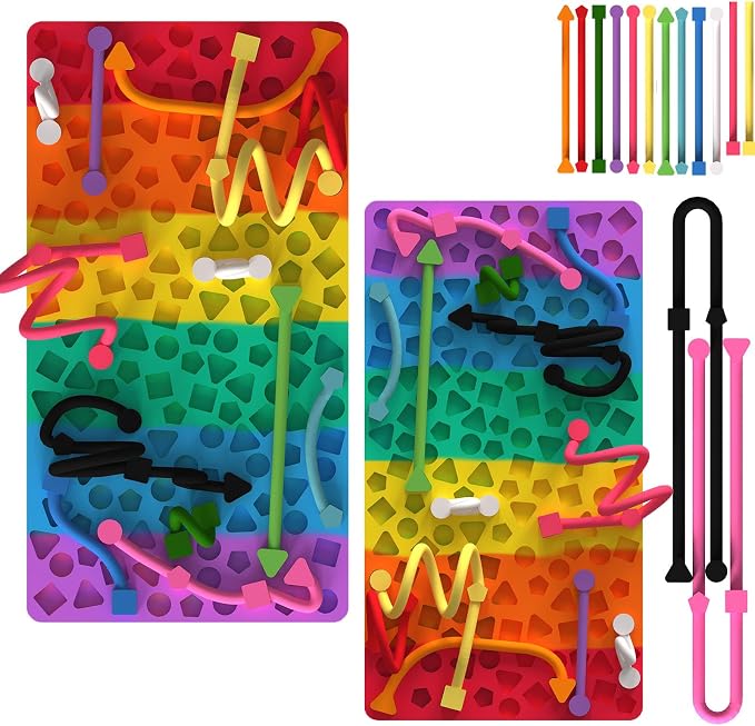 2 Pack Sensory Activity Board, Stress Relief Silicone Quiet Toddler Sensory Toy, Silicone Sensory Activity Board, ADHD & Autism Sensory Toys for Kids & Adults |with a Travel Bag & 24 Strin(A)