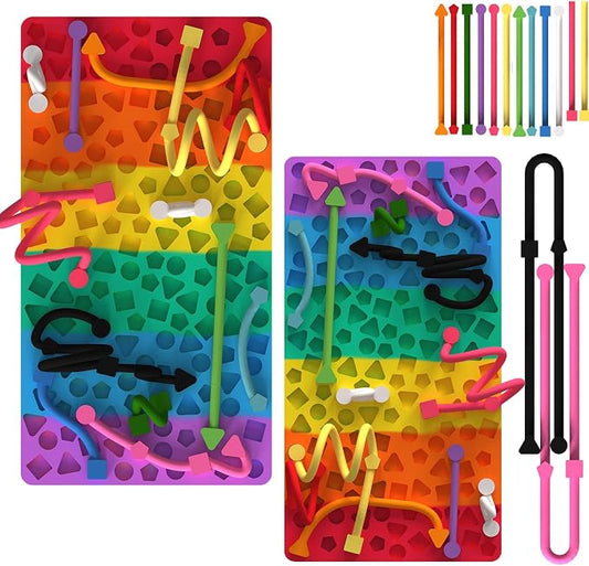 2 Pack Sensory Activity Board, Stress Relief Silicone Quiet Toddler Sensory Toy, Silicone Sensory Activity Board, ADHD & Autism Sensory Toys for Kids & Adults |with a Travel Bag & 24 Strin(A)