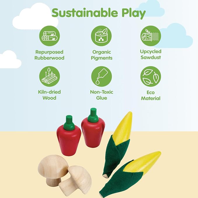PlanToys® Wooden Fresh Produce Corn, Mushrooms & Bell Peppers Kids Play Set | slicing, knife, fruits and vegetables toys, pretend food, girls, boys, fine motor role imaginative social gift preschool