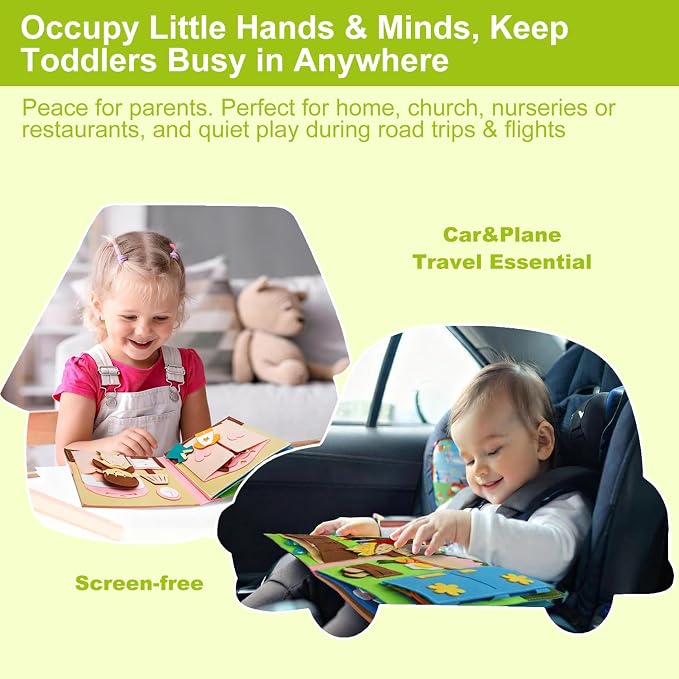 Busy Book for Toddlers 1-3, Montessori Busy Board for 1 Year Old | Felt Quiet Books Airplane Travel Toys, Sensory Early Learning Educational Toy, Road Trip Activity Books, Girls Birthday Gifts