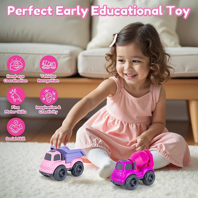 Aigitoy Toddler Car Toys Set - Mixer and Dump Truck for 2-4 Years Old | Sandbox Outdoor Vehicles Toy, No BPA, Phthalates, PVC, Recycled Plastic, Easter Christmas Birthday Gifts Boys Girls (Pink)