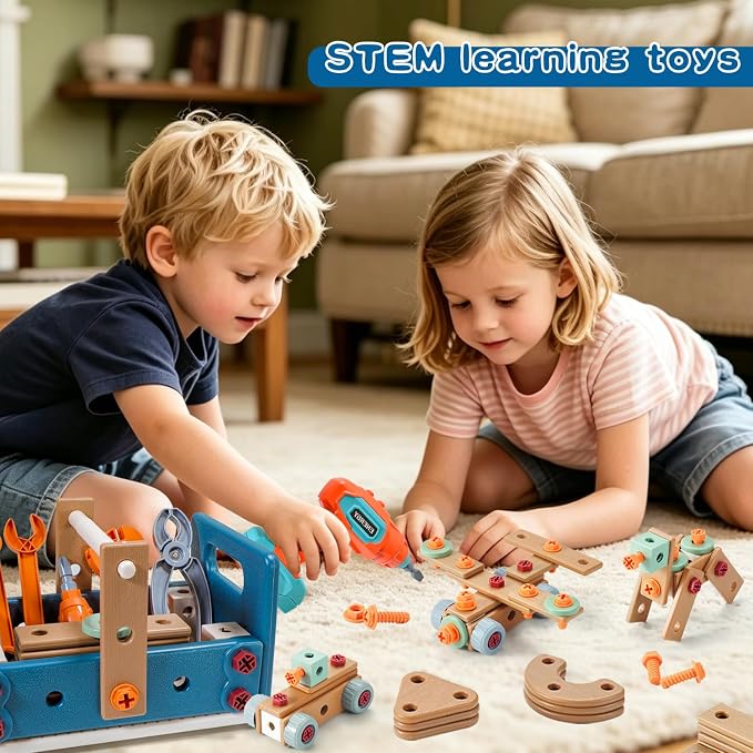 VEAIS Kids Tool Set with Drill,120Pcs Tool Set with ToolBench,Montessori Toy for 3+Year Old,Educational STEM Construction Toys for Ages 3-6,Pretend Play Kids Toys 3-5 Year Old Birthday Gift