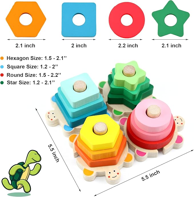 WOOD CITY Montessori Wooden Stacking Toy for Toddlers, Detachable Turtle Shape Sorter with Color & Size Recognition, Early Learning Educational Gift Develops Hand-Eye Coordination & Spatial Awareness