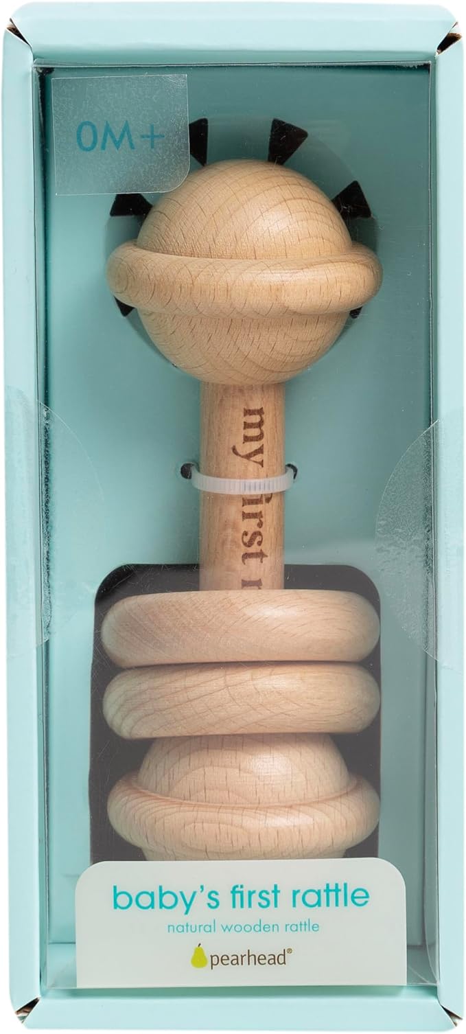 Pearhead Wooden My First Rattle and Teether, Baby Sensory Toy | Laser-Engraved Keepsake, Natural Beechwood, Easy-Grip Design, Fine Motor Skills, Newborn Tummy Time, New Parent Gift, Ages 0+