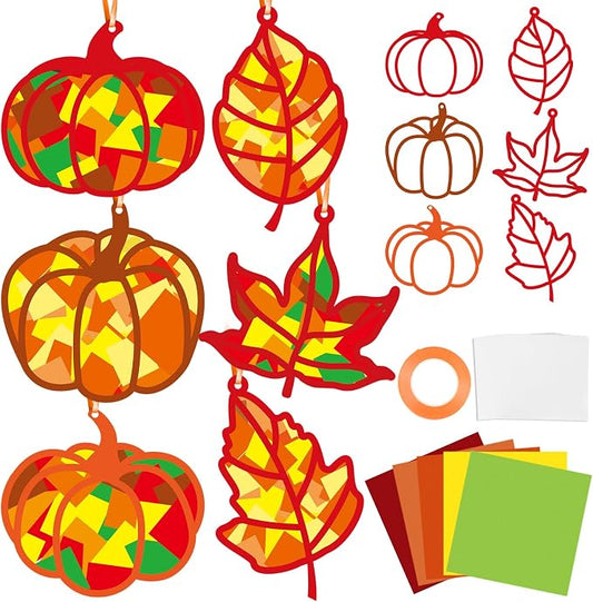 Qyeahkj 36 Set Fall Suncatchers Crafts for DIY Autumn Window Tissue Paper Crafts Kit Maple Leaves Pumpkin Hanging Decor for Thanksgiving Home Activity Art Project Birthday Party Favor Gift