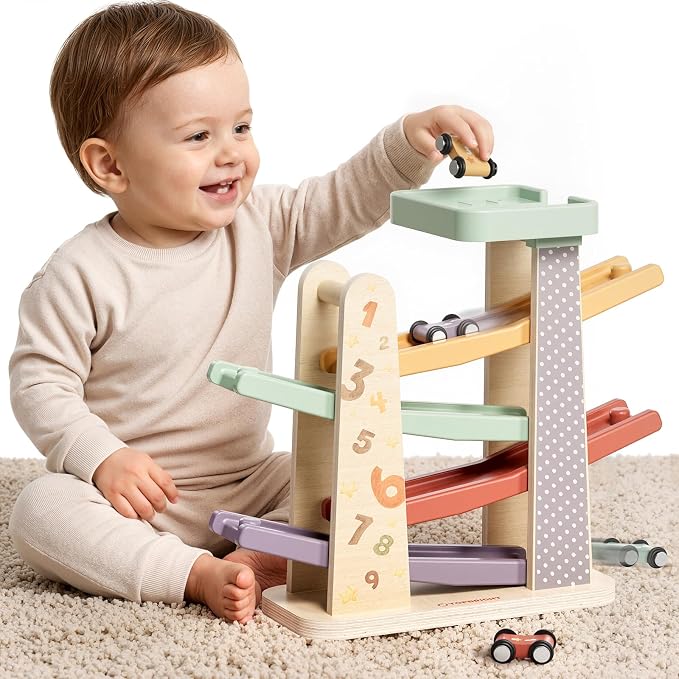 TOP BRIGHT Montessori Wooden Toys Car Ramp - 1 Year Old Boy Birthday Gift | Includes 4 Cars & Garage, Wooden Ramp Develops Motor Skills, Birthday Gift for 1+ Year Old
