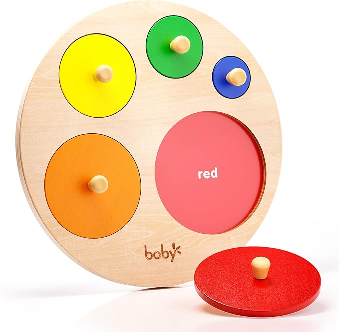 BOBY Montessori Wooden Shape & Size Puzzle for Toddlers 1-3, Large Easy-Grip Knobs, Color Sorting Learning Toy, Safe Thickened Wood Peg Puzzle for Baby Boys Girls (Multiple Circle Puzzles)
