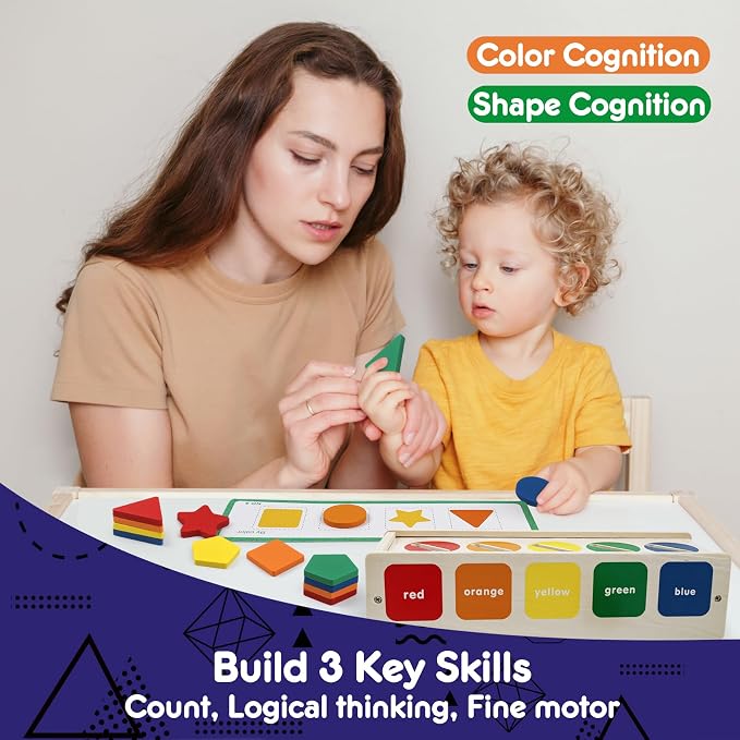 Wooden Sorting Toy Montessori Color & Shape Sorter Class Activity Toddlers Fine Motor Game Teaching Tool for Colors and Shapes Recognition, Birthday Gifts for Boys and Girls