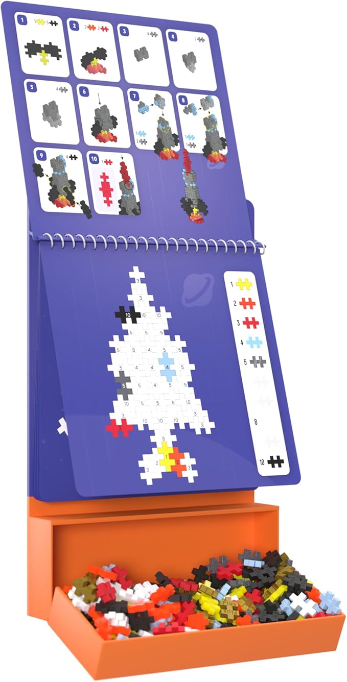 PLUS PLUS Puzzle By Number Activity Pad, Space - Mini Building Blocks Set | Roadtrip Essentials for Kids, Interlocking Waffle Blocks, Stem Toy, Airplane Activities for Kids, Kid Car Ride Must Haves