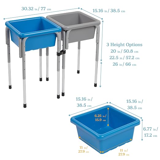 ECR4Kids 2-Station Sand and Water Adjustable Play Table, Sensory Bins, Grey/French Blue | Durable plastic/steel, GREENGUARD Gold Certified, 3-5 years, 80 lb capacity, adjustable legs, easy-lift lids, indoor/outdoor