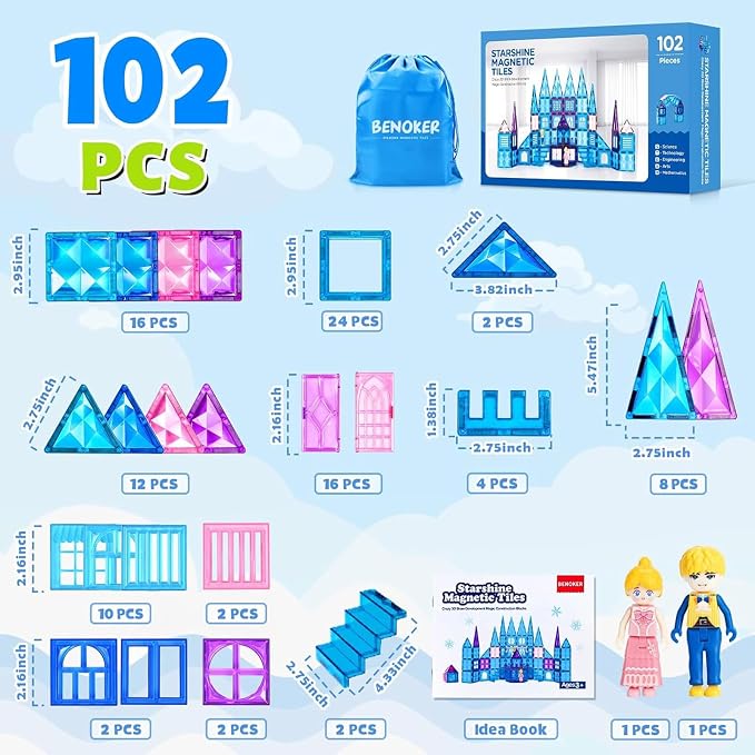 BENOKER Castle Magnetic Tiles STEM 3D Building Blocks Gift for Boys & Girls | Safe ABS plastic with strong magnets. Smooth edges for little hands. 3D castle-building fun. Boosts creativity & motor skills