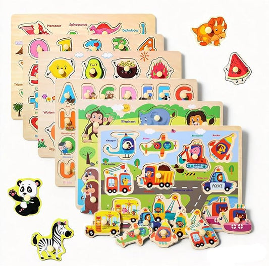6-Pack Wooden Peg Puzzles for Toddlers and Preschoolers Ages 2-4 | Montessori-Inspired Learning Toys, Alphabet, Numbers & Math, Animals, Dinosaurs, Fruits and Vehicles