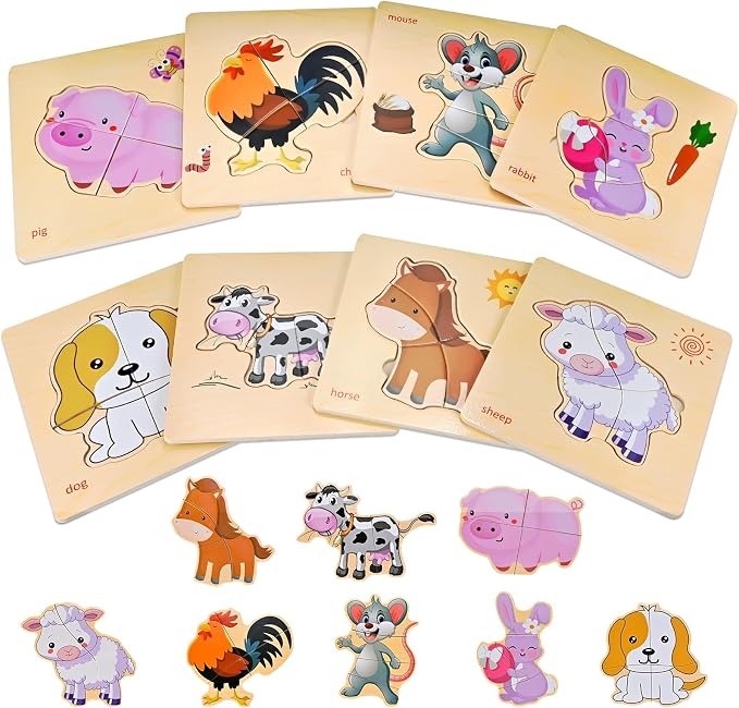 8pcs Wooden Puzzles for Toddlers 1-2-3-4, Farm Puzzles Ages 1-2-3-4 | Toddler Montessori Educational Jigsaw Toys, Preschool Puzzle Christmas Birthday Gift for Kids Girl Boy 1-4 Year Old
