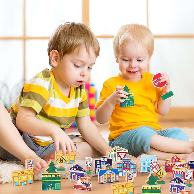 Blosssound 35 Pcs Wooden Town Building Play Toys for Kids City Street Traffic Signs Multicultural Community Block Train Track Accessories Preschool Classroom Educational Supplies Birthday Gifts
