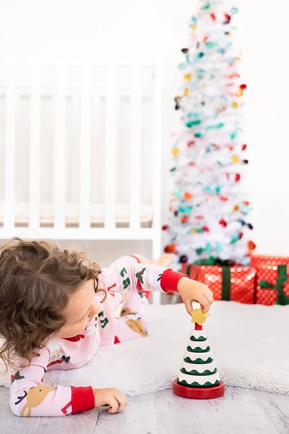 Pearhead Wooden Christmas Tree Stacking Toy Set, Holiday Toys for Toddlers
