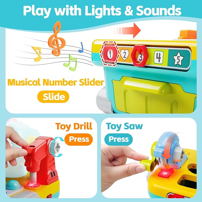 iPlay, iLearn Toddler Musical Workbench Toy, 1 Year Boy Gift, Baby Tool Set | Infant Shape Sorter Activity, Kid Pounding Game, Toddler Learning Toy, 1st Birthday Gift 12 18 24 Month Girl Age One 1 2 3 Yr