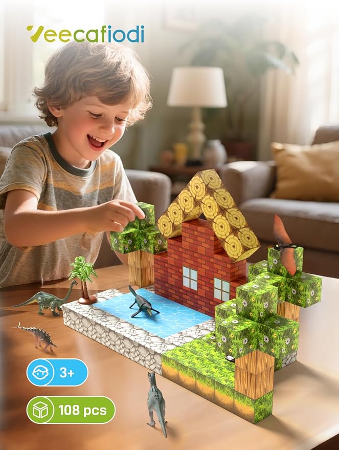 Veecafiodi Magnetic Blocks 108PCS, Dinosaur Magnetic Building Blocks with 6 Dinosaur Figures, Magnetic Blocks for Kids Ages 3-5, 4-8, STEM Construction Toy
